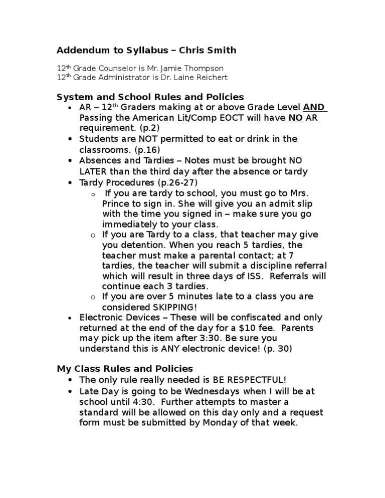 Addendum To Syllabus | PDF | Wellness