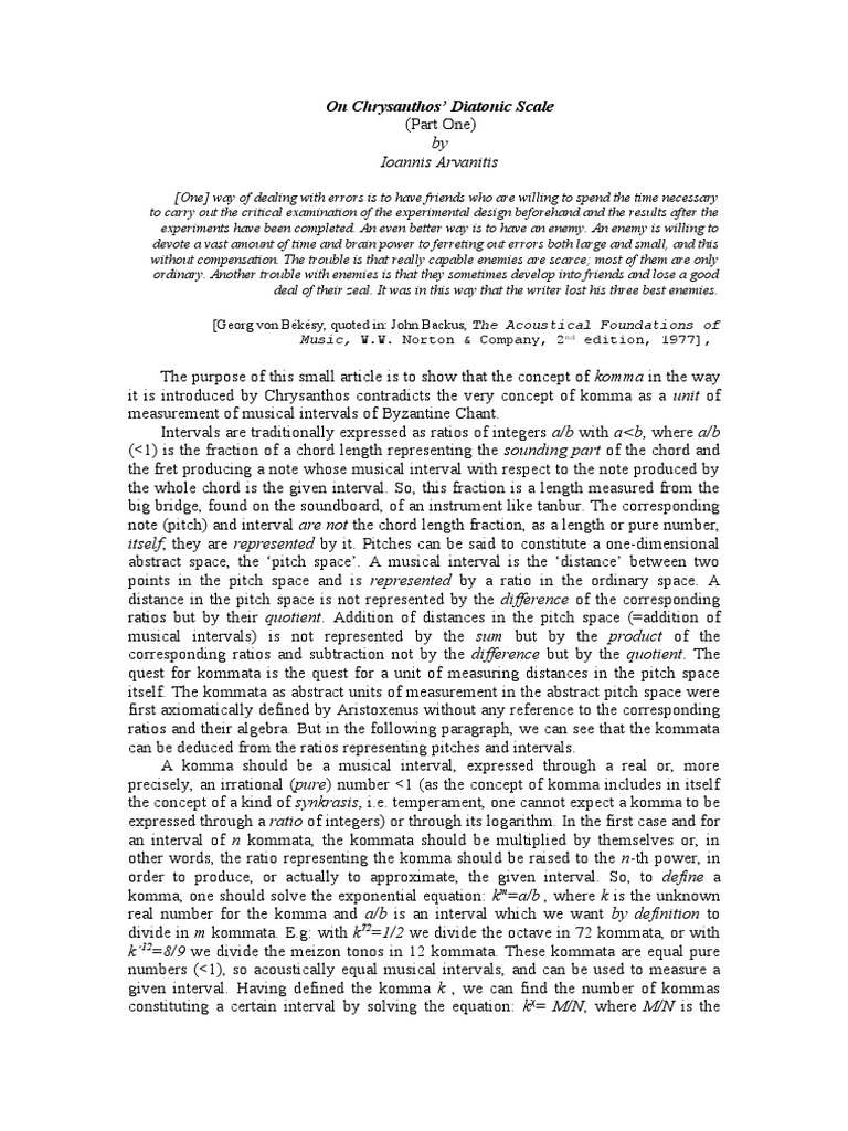 On Chrysanthos' Diatonic Scale Von Békésy, Quoted In John