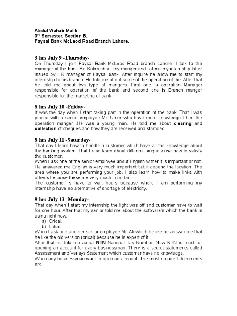 Internship weekly report banks banking