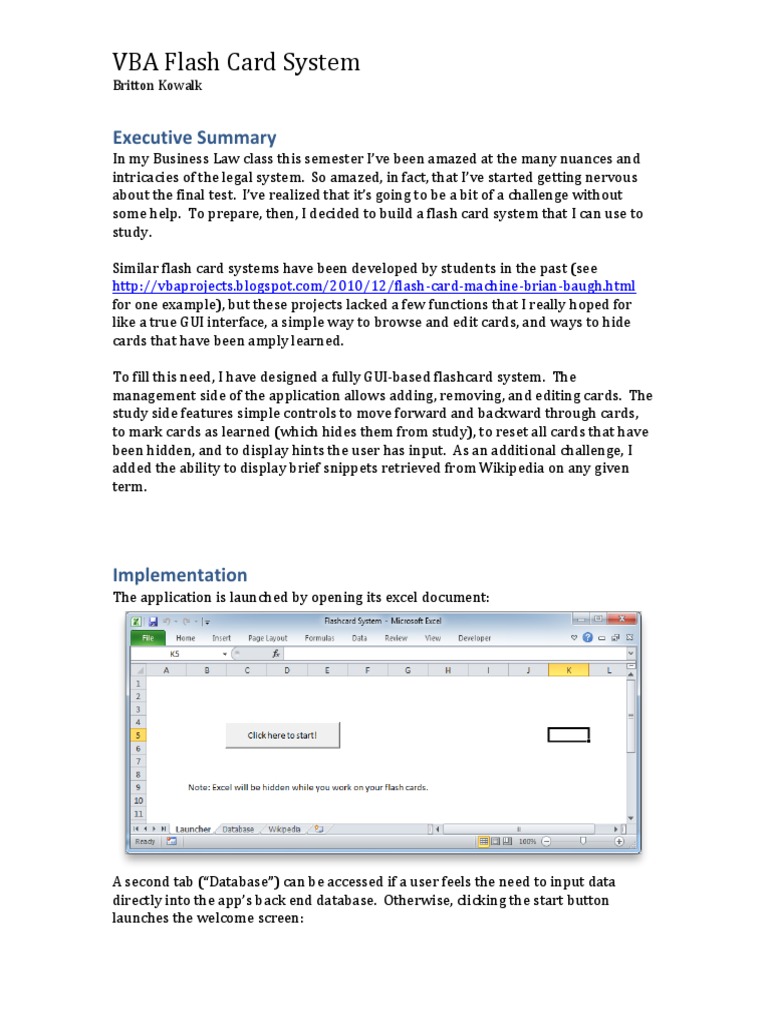 VBA Flash Card System Executive Summary PDF Computer Programming