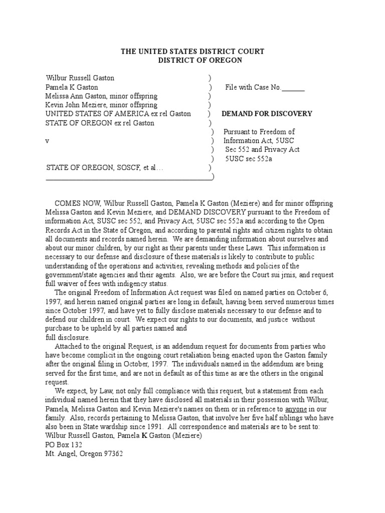 Demand For Discovery Freedom Of Information Act (United States