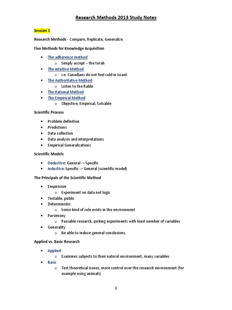 Research Methods Notes PDF Sampling (Statistics) Experiment