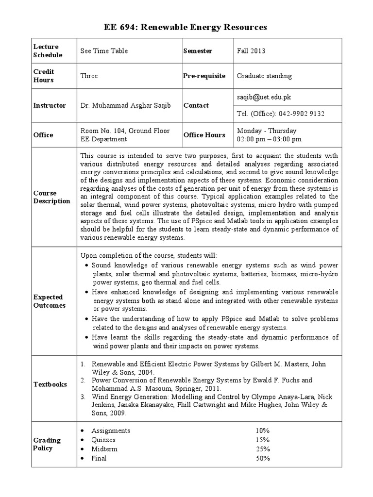 Renewable Energy Resources Course Outline | PDF | Power Engineering ...