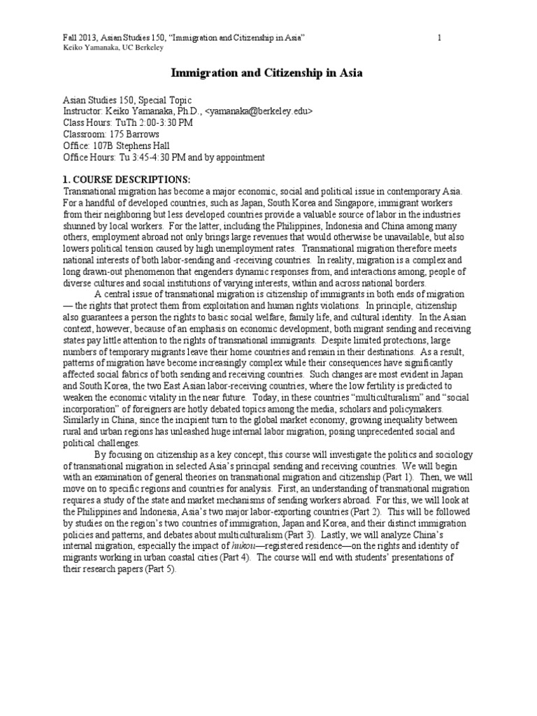 0 F2013 Syllabus Immigration Citizenship | PDF | Immigration | Cultural ...
