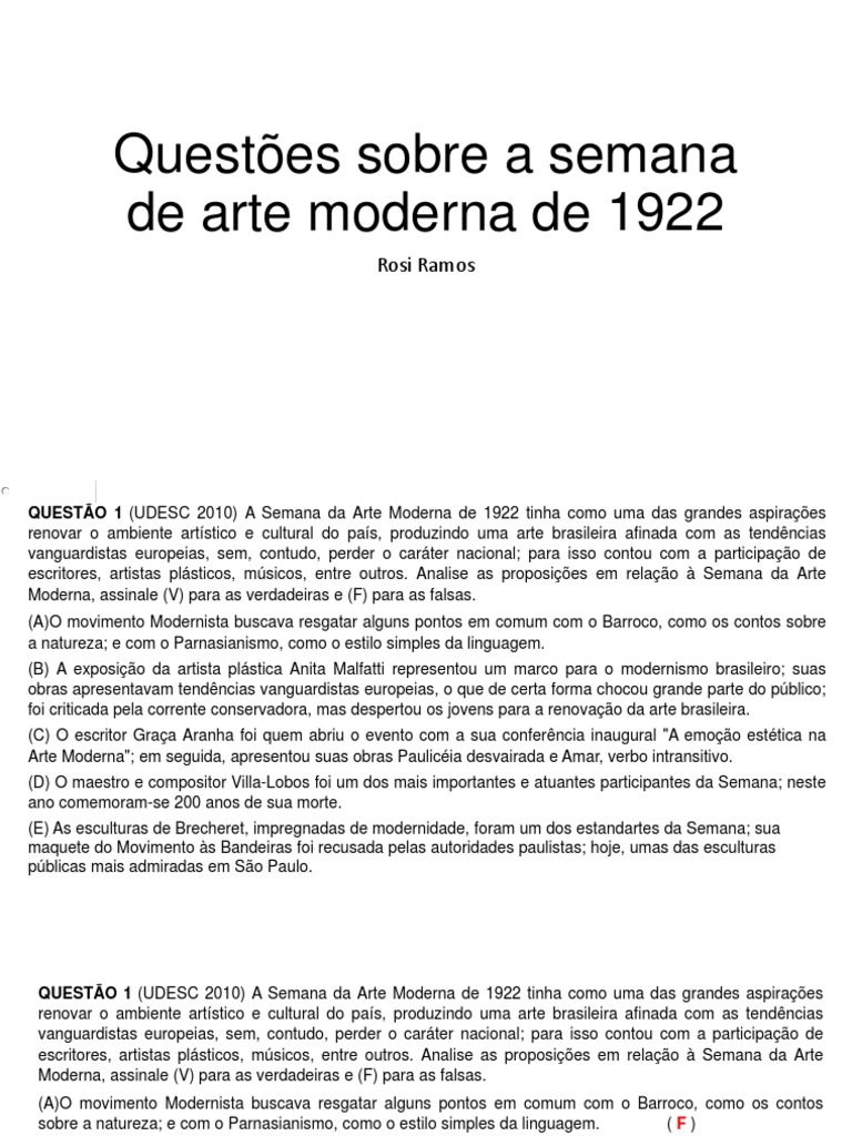Questões Sobre A Semana de Arte Moderna de | PDF | Modernismo | Artes ...