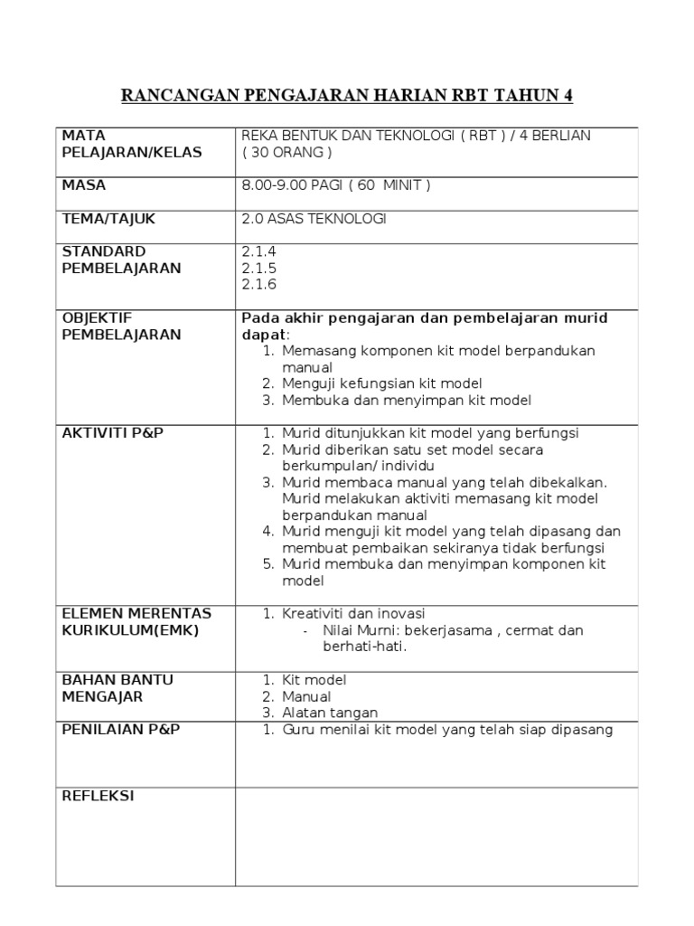 Rph Rbt Tahun 4 Asas Teknologi Pdf