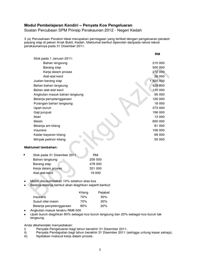 Modul Pembelajaran Kendiri Penyata Kos Pengeluaran Soalan Percubaan Spm Prinsip Perakaunan 2012
