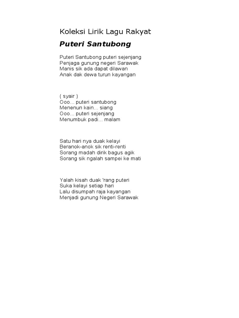 Koleksi Lirik Lagu Rakyat Puteri Santubong