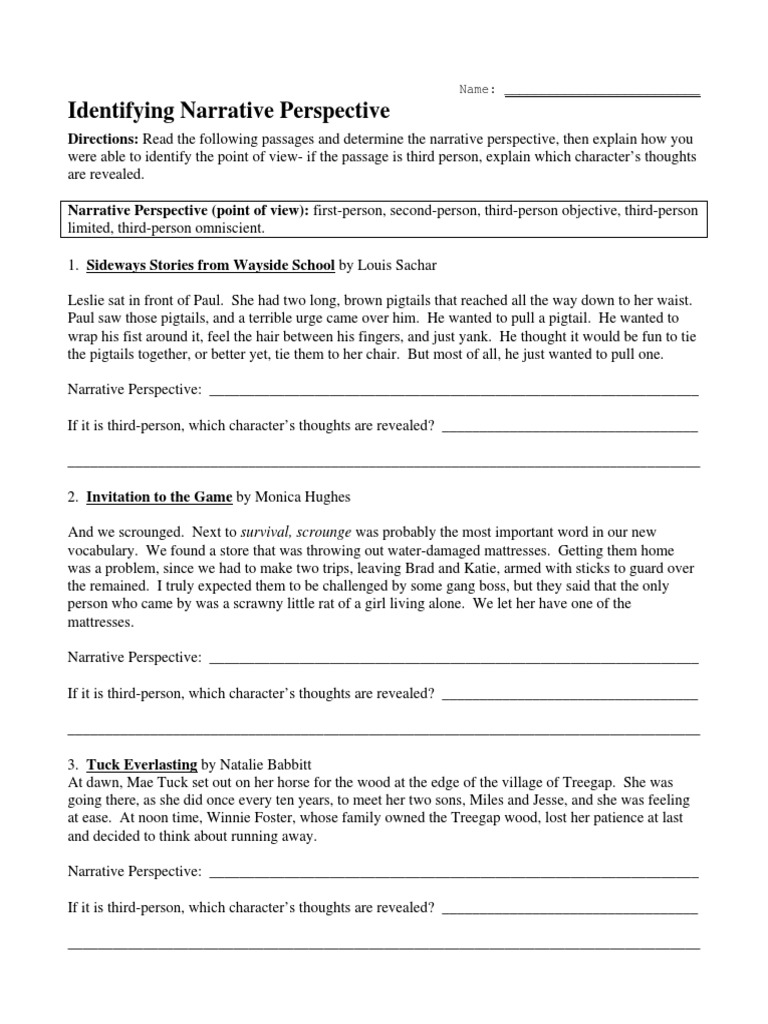 worksheet Perspective Worksheets point of view worksheet 1 pdf narration childrens literature