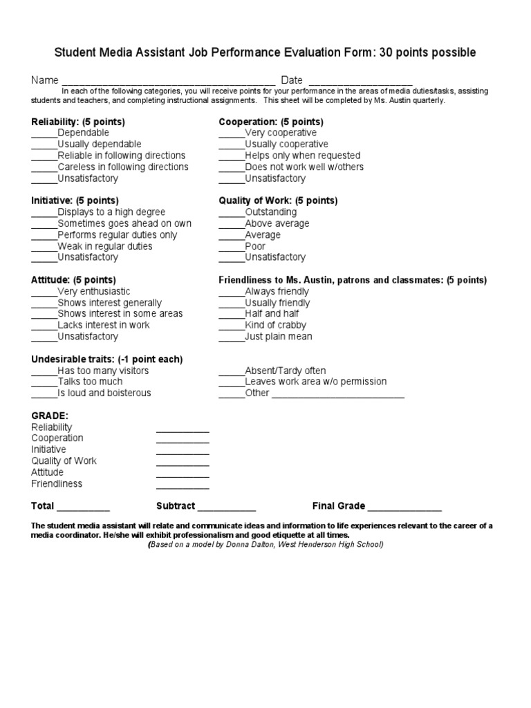 Student Media Assistant Evaluation Form | PDF