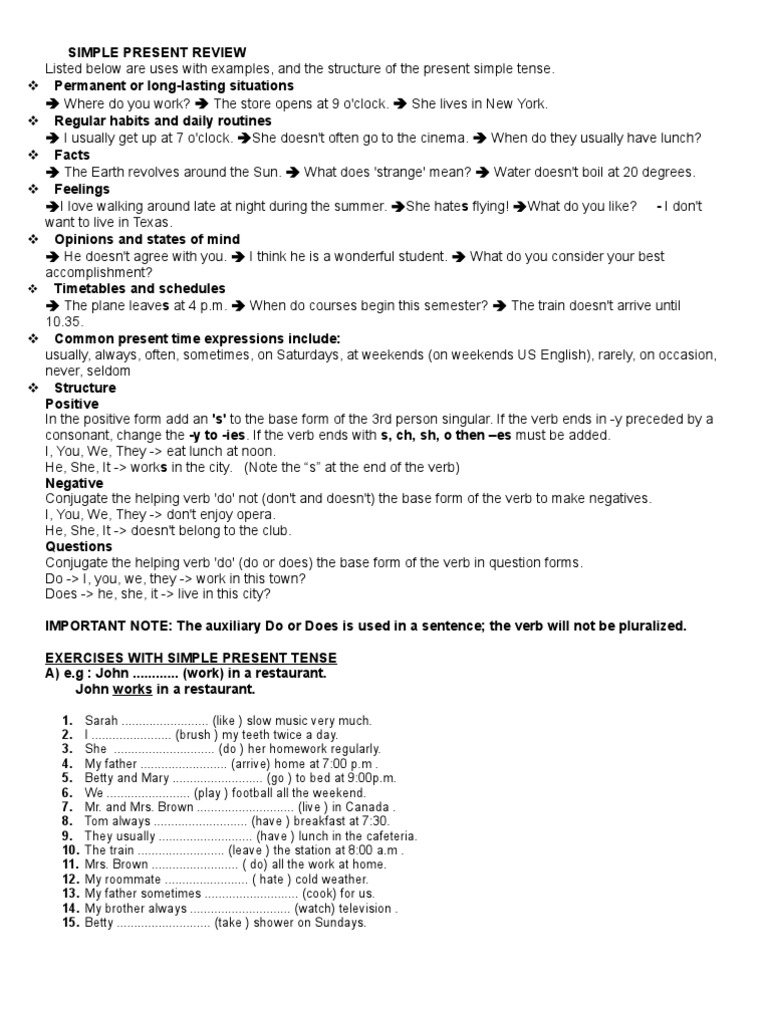 Simple Present and Continuous Exercises | PDF | Verb | Syntactic ...
