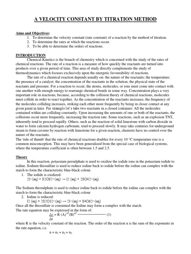 Chem Lab A Velocity Constant Titration PDF Chemical Reactions