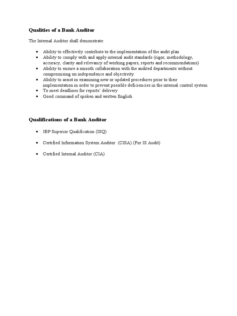 Qualities Qualifications Of Bank Auditor Doc