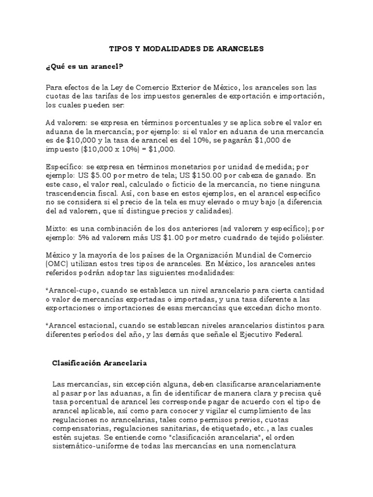 Tipos y Modalidades de Aranceles | Descargar gratis PDF | Arancel | aduana