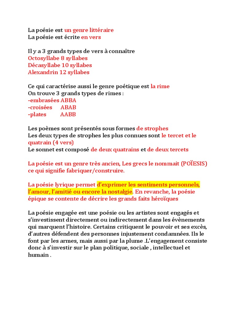La Poesie Est Un Genre Litteraire Pdf Poesie Techniques Litteraires