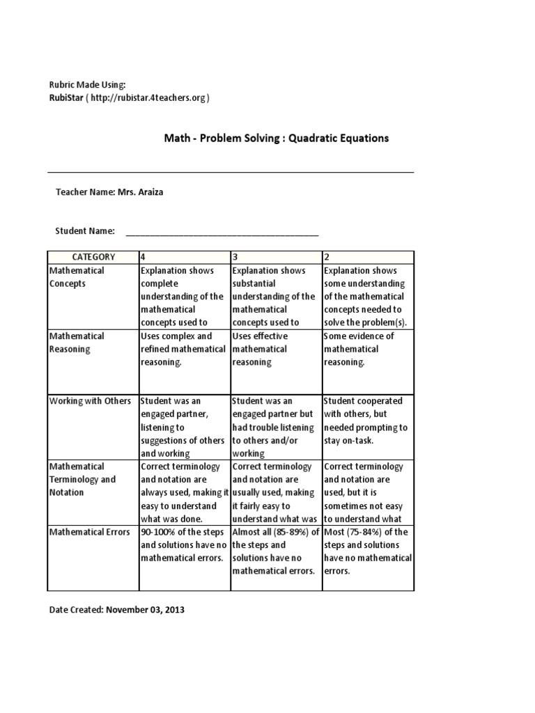 Rubric - Quadratic Equations | PDF