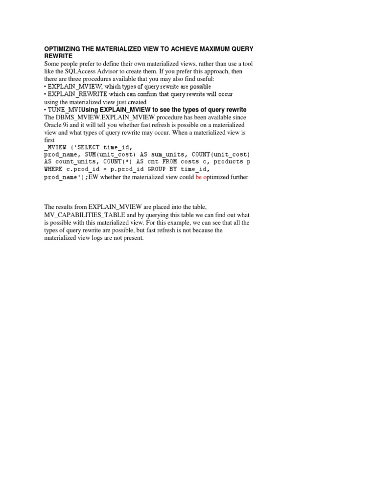 Optimizing The Materialized View To Achieve Maximum Query Rewrite | PDF ...
