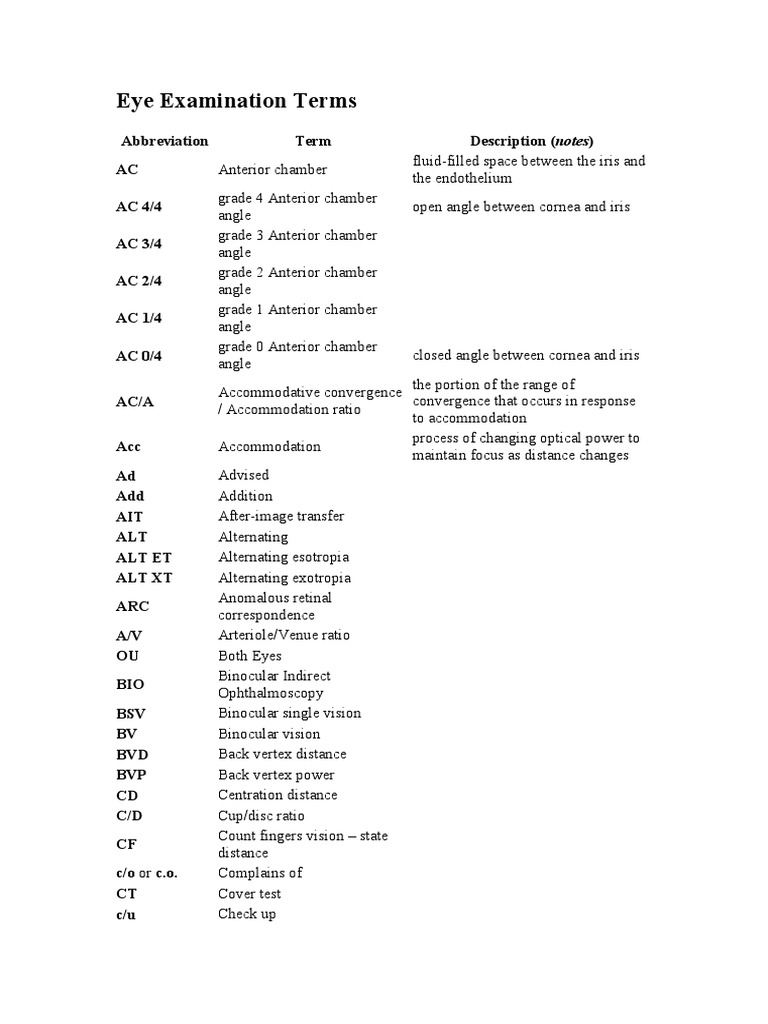 Eye Examination Terms PDF Contact Lens Human Eye