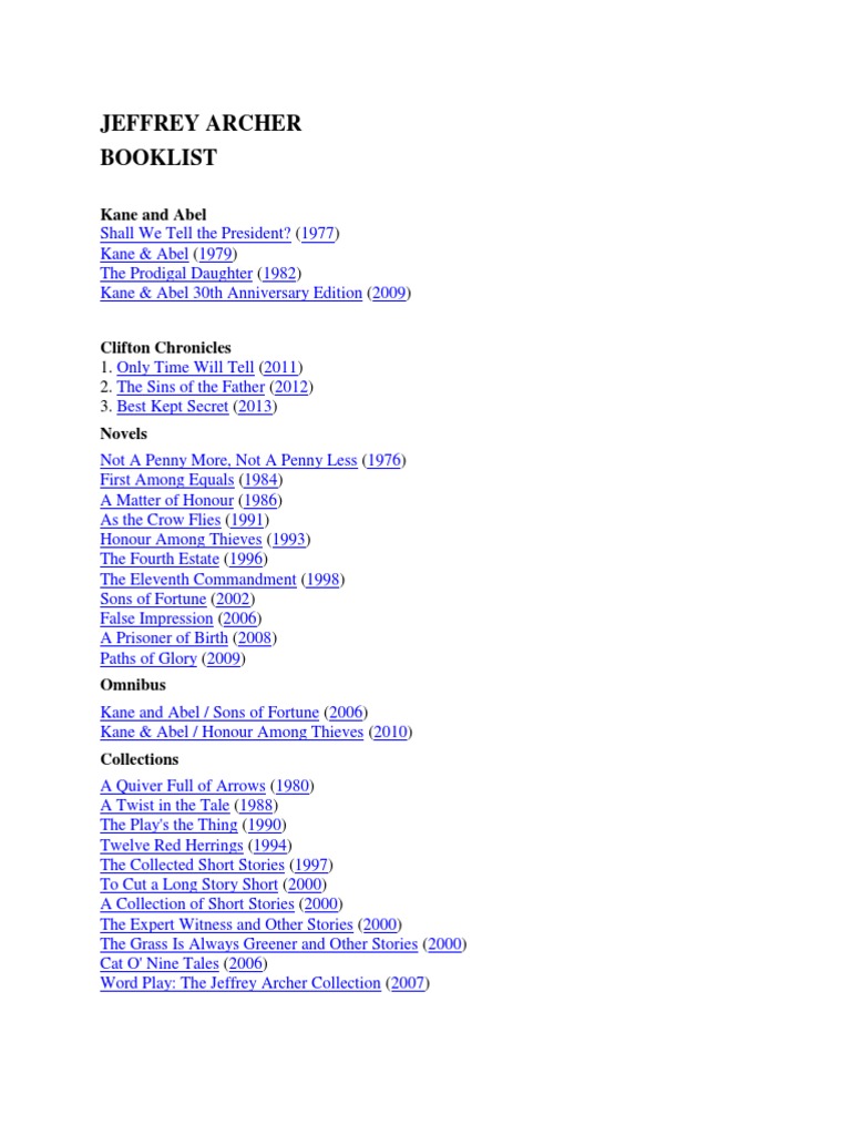 Jeffrey Archer Booklist: Kane And Abel | PDF