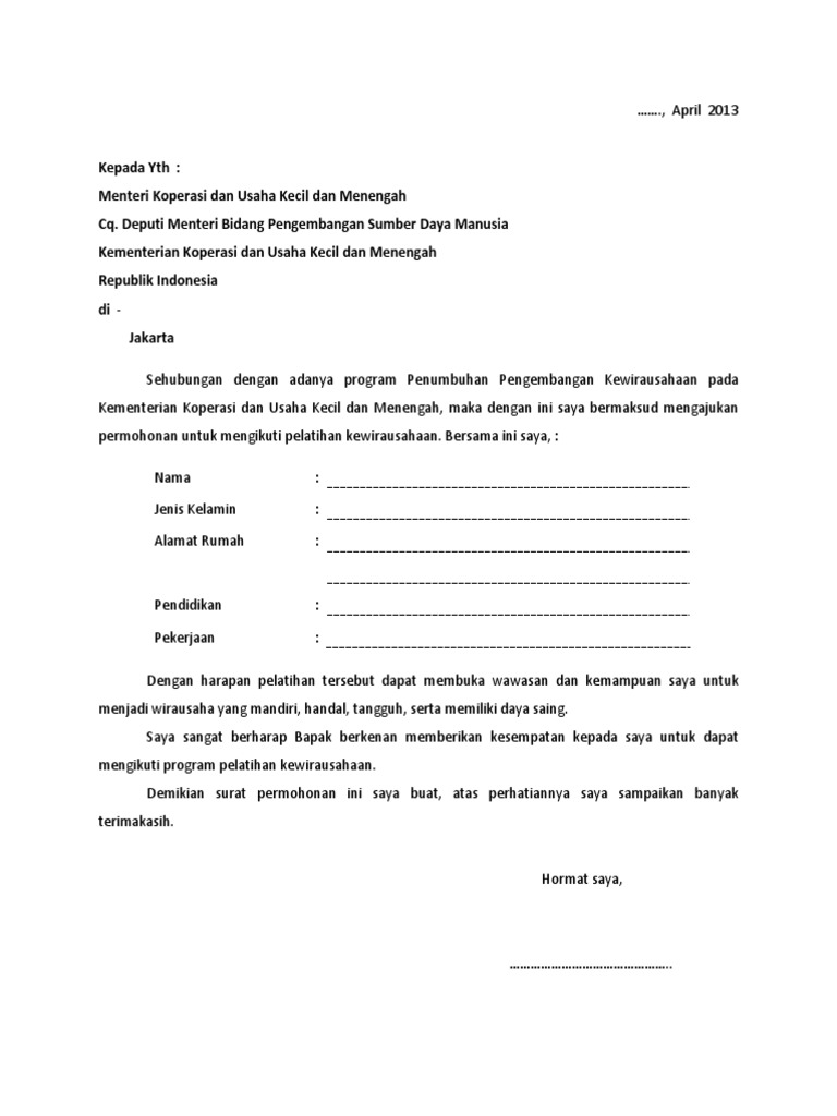 Surat Permohonan Untuk Mengikuti Pelatihan Versi Sdm