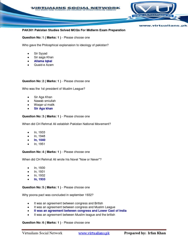 Pak301 Pakistan Studies Solved Mcqs For Midterm Exam Preparation Pdf