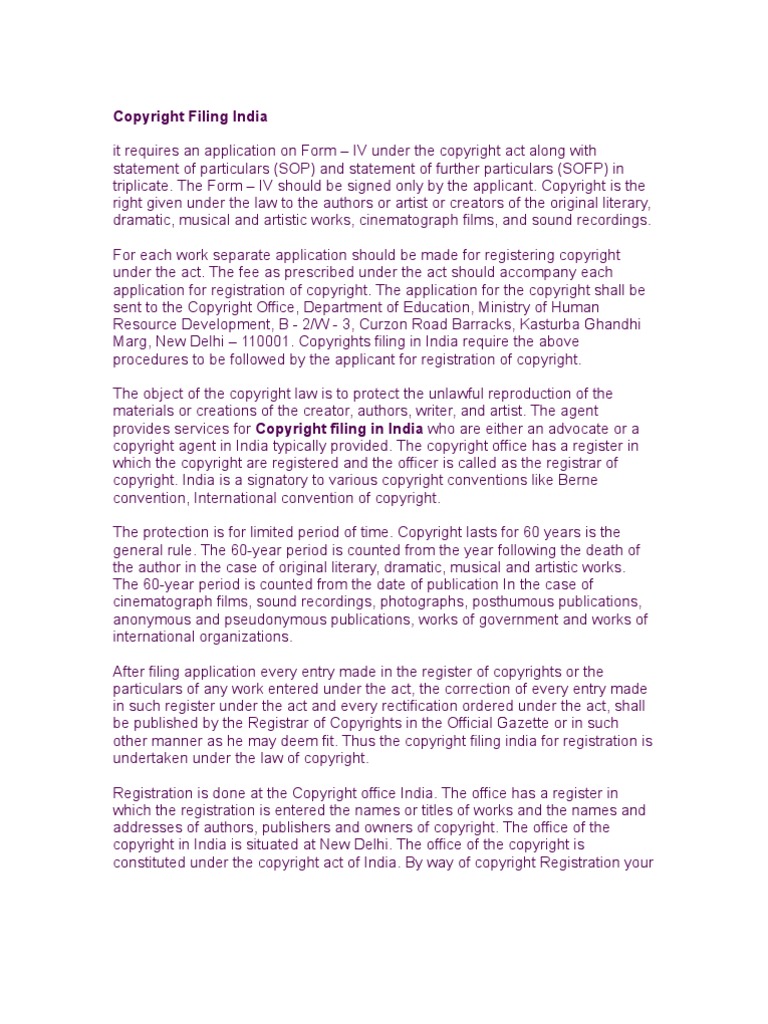 Copyright Filing India | PDF | Copyright | Intellectual Property Law
