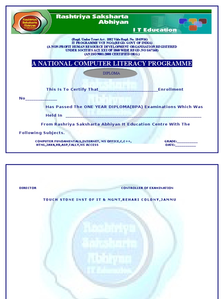 National Computer Literacy Diploma Certification | PDF | Business ...