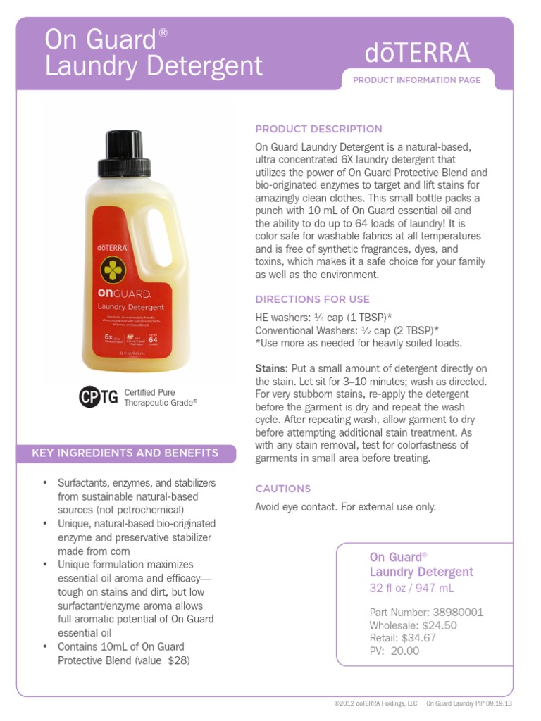 On Guard Laundry Detergent Product Information PDF Laundry