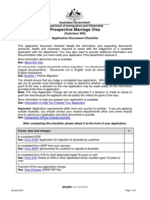 Prospective Marriage Visa: (Subclass 300) Application Document Checklist, PDF, Travel Visa
