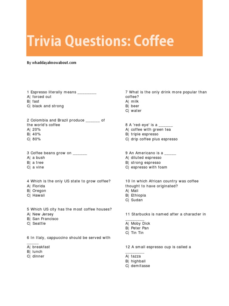 Trivia Questions: Coffee | Coffee | Food And Drink Preparation | Free