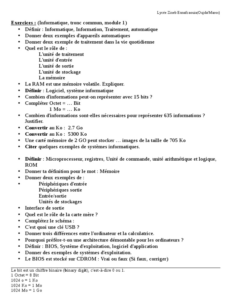 Exercices d'Informatique Tronc Commun | PDF | Ordinateurs | Technologie ...