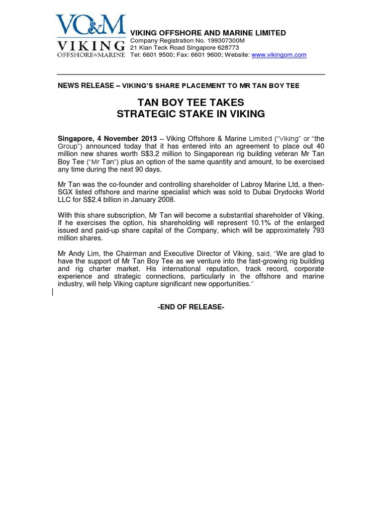 Tan Boy Tee Takes Strategic Stake in Viking PDF Singapore World Politics