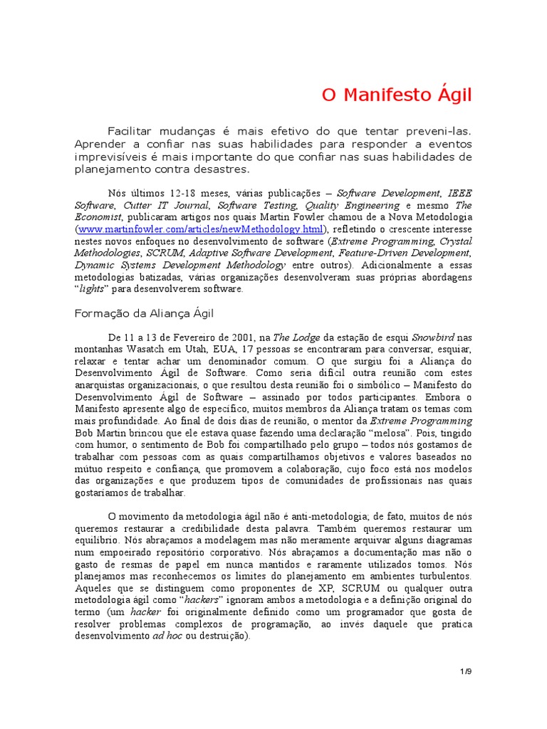O Manifesto Ágil | PDF | Desenvolvimento ágil de software | Cognição