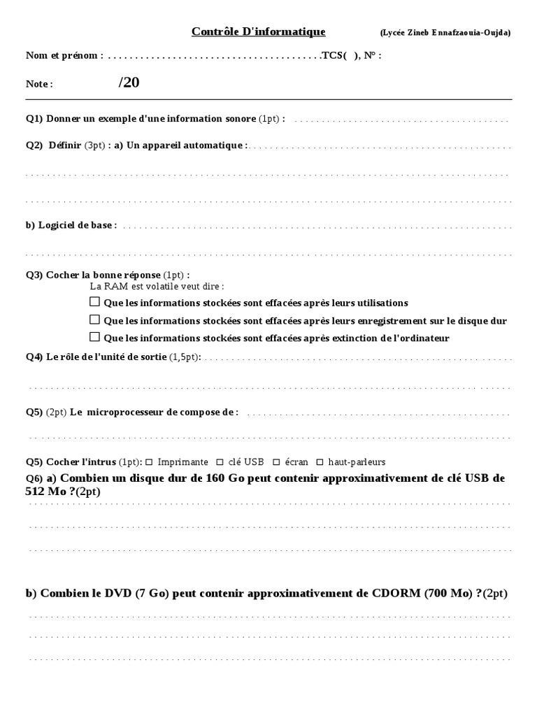 Contrôle d'Informatique - Lycée Zineb | PDF | Jeux et activités ...