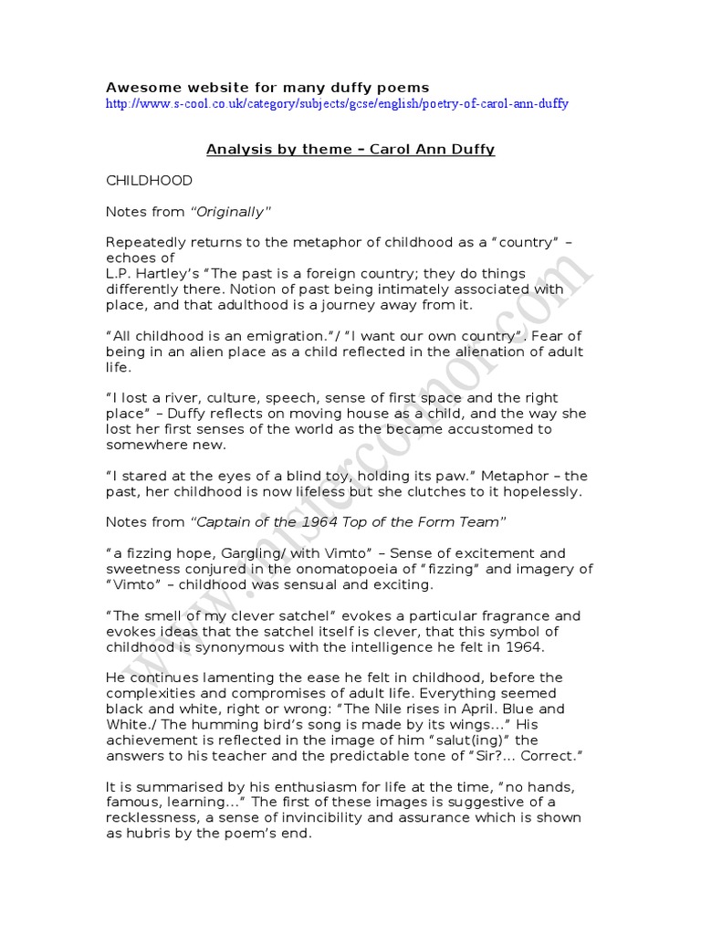 Duffy Notes By Theme Pdf Poetry