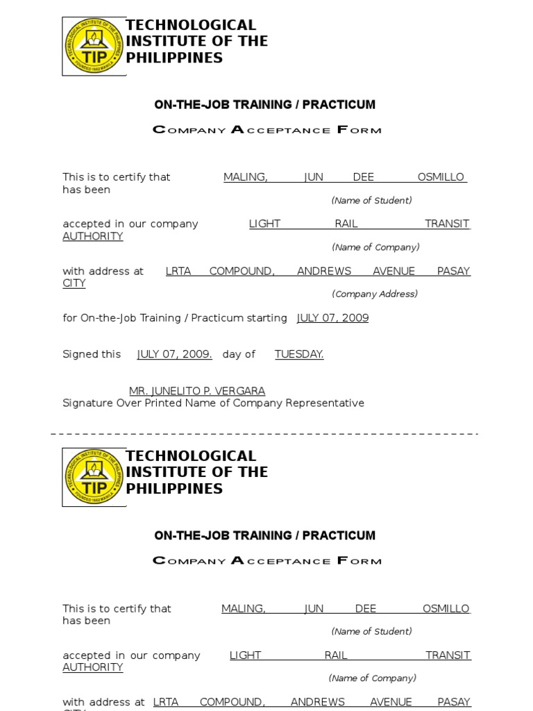 Acceptance Letter Sample Ojt 