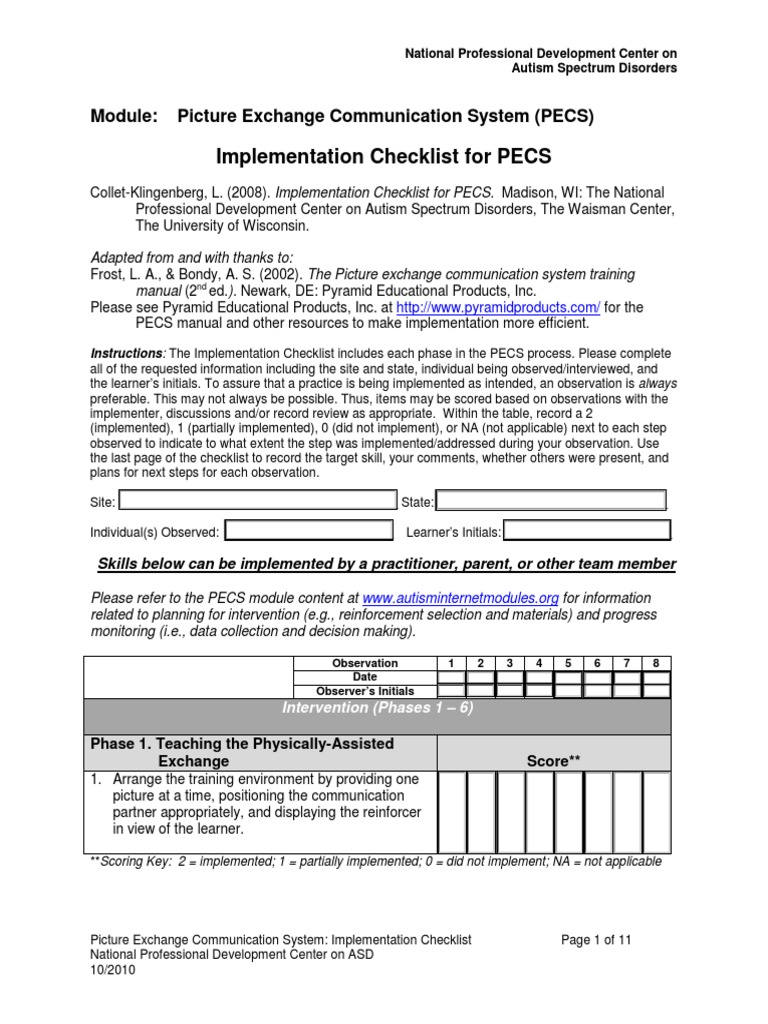 PECS_Checklist.pdf Autism Spectrum Applied Psychology