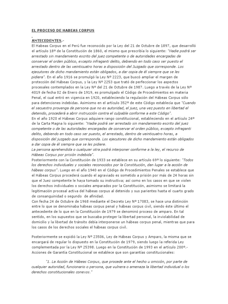 1 El Proceso de Habeas Corpus | PDF | Habeas corpus | Derecho ...
