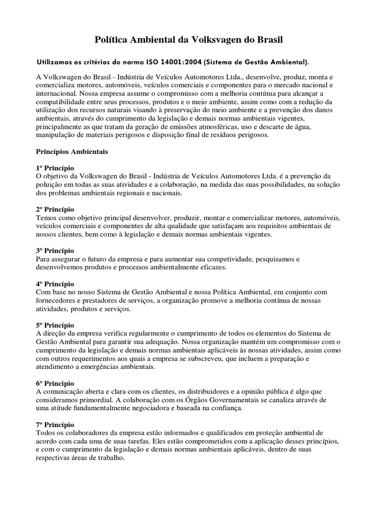 Política Ambiental da Volkswagen Brasil | PDF | Ambiente natural ...