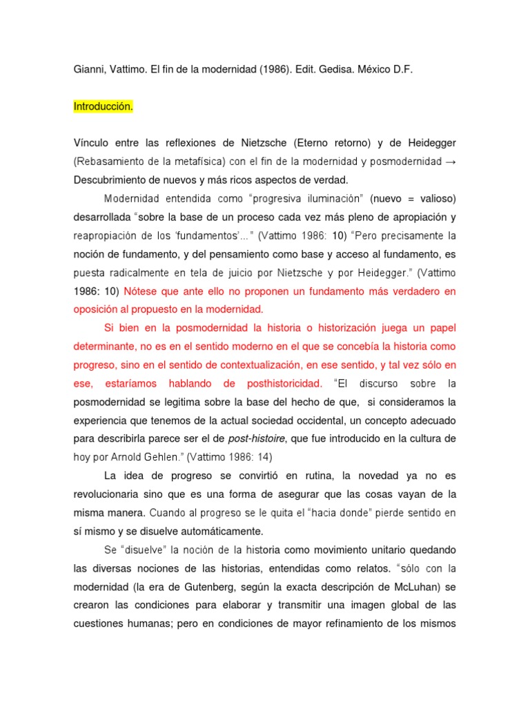 El Fin de La Modernidad. G. Vattimo PDF Verdad Gianni Vattimo