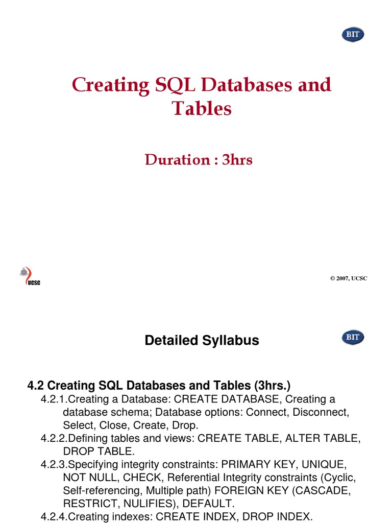 Creating SQL Databases and Tables: Duration: 3hrs | PDF | Database ...