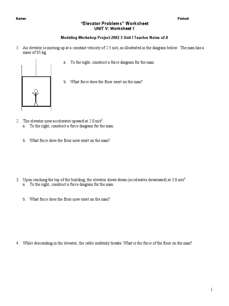 worksheet Unit 4 Worksheet 1 Physics workbooks modeling physics worksheets free printable ws elevator problems mwp mass elevator