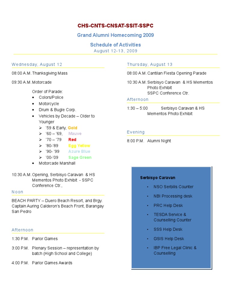 Schedule Of Activities PDF Leisure