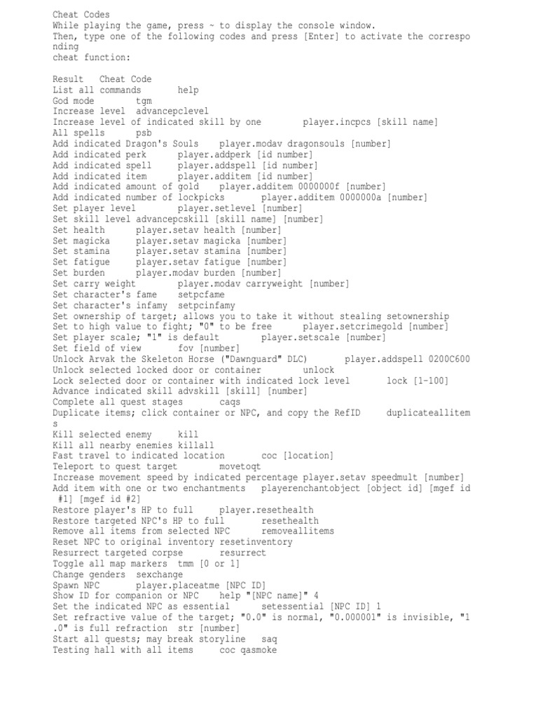 Skyrim Cheats PC PDF Cheating In Video Games Role Playing Video Games