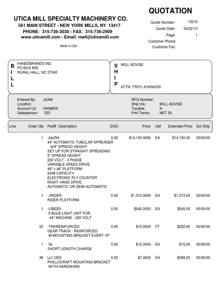 Quotation for Utica Mill Machinery | PDF | Travel | Law