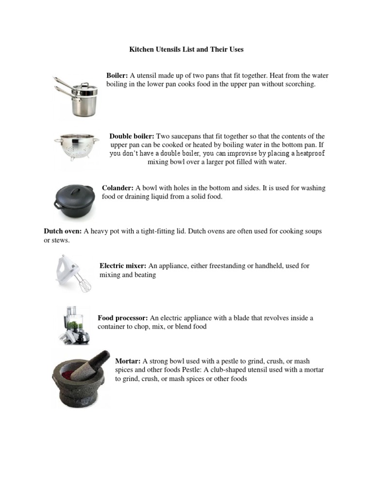 Kitchen Utensils List And Their Uses Docx Cookware And Bakeware