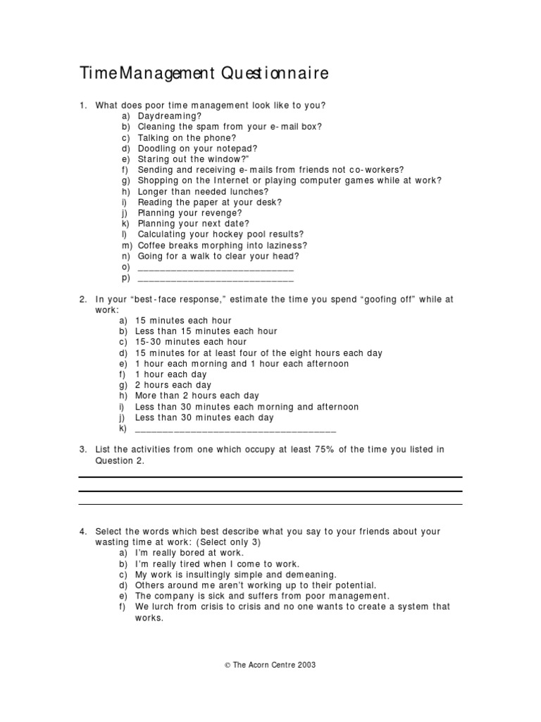 Time Management Questionnaire Leadership Leadership & Mentoring