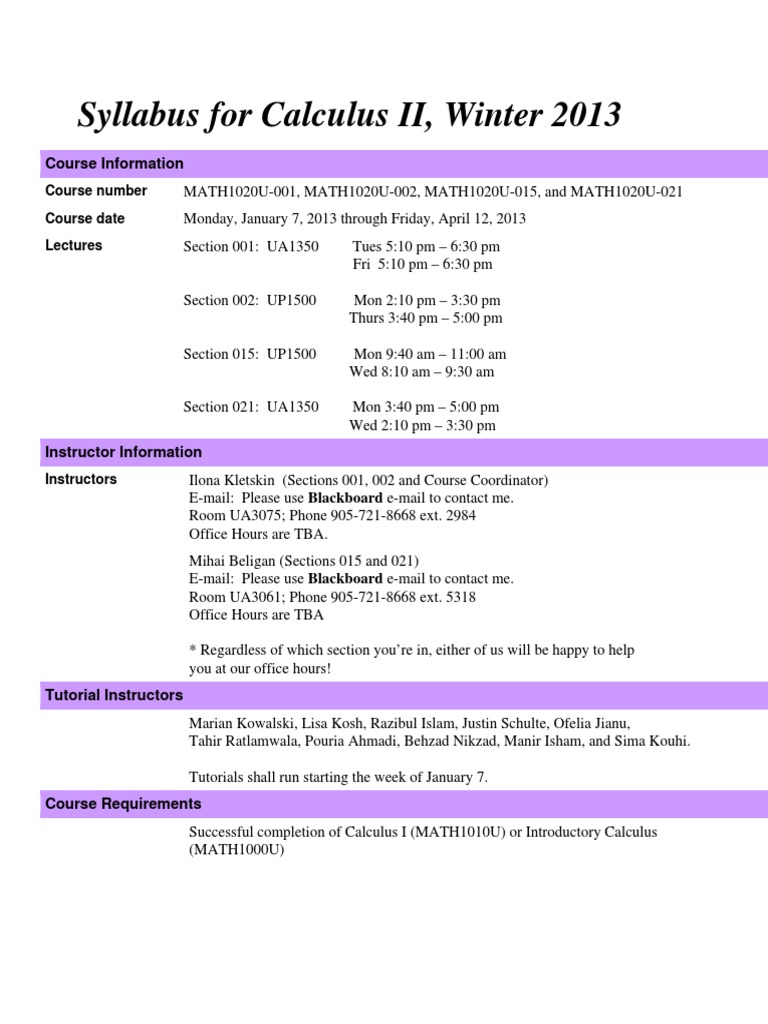 MATH1020U - Syllabus Winter 2013.pdf | Multivariable Calculus | Integral