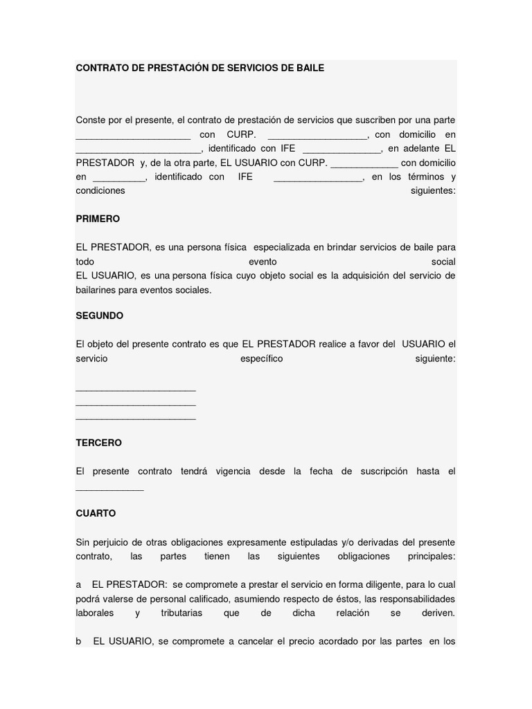 CONTRATO DE PRESTACIÓN DE SERVICIOS DE BAILE