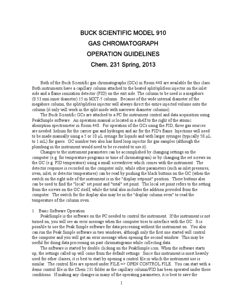Buck Scientific Model 910 Gas Chromatograph Operation Guidelines Chem